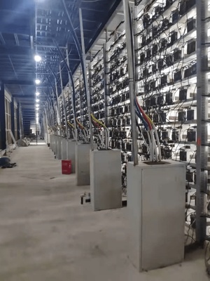 Large-scale cryptocurrency mining farm with rows of miners