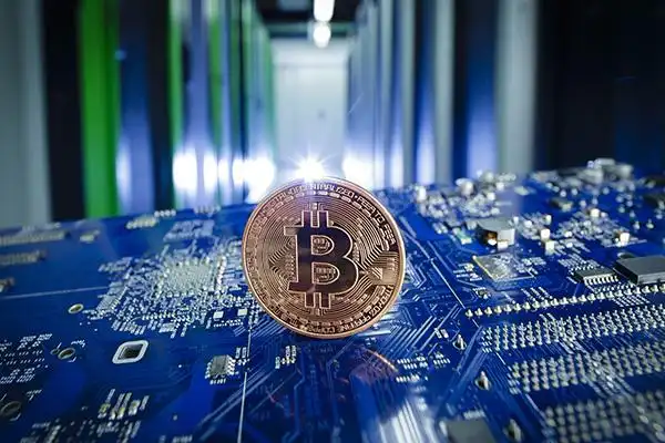 A sprawling mining farm powered by wind turbines in the background