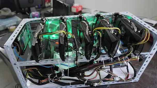 A large mining farm with rows of mining rigs, emphasizing its scale and the sheer number of machines it houses.